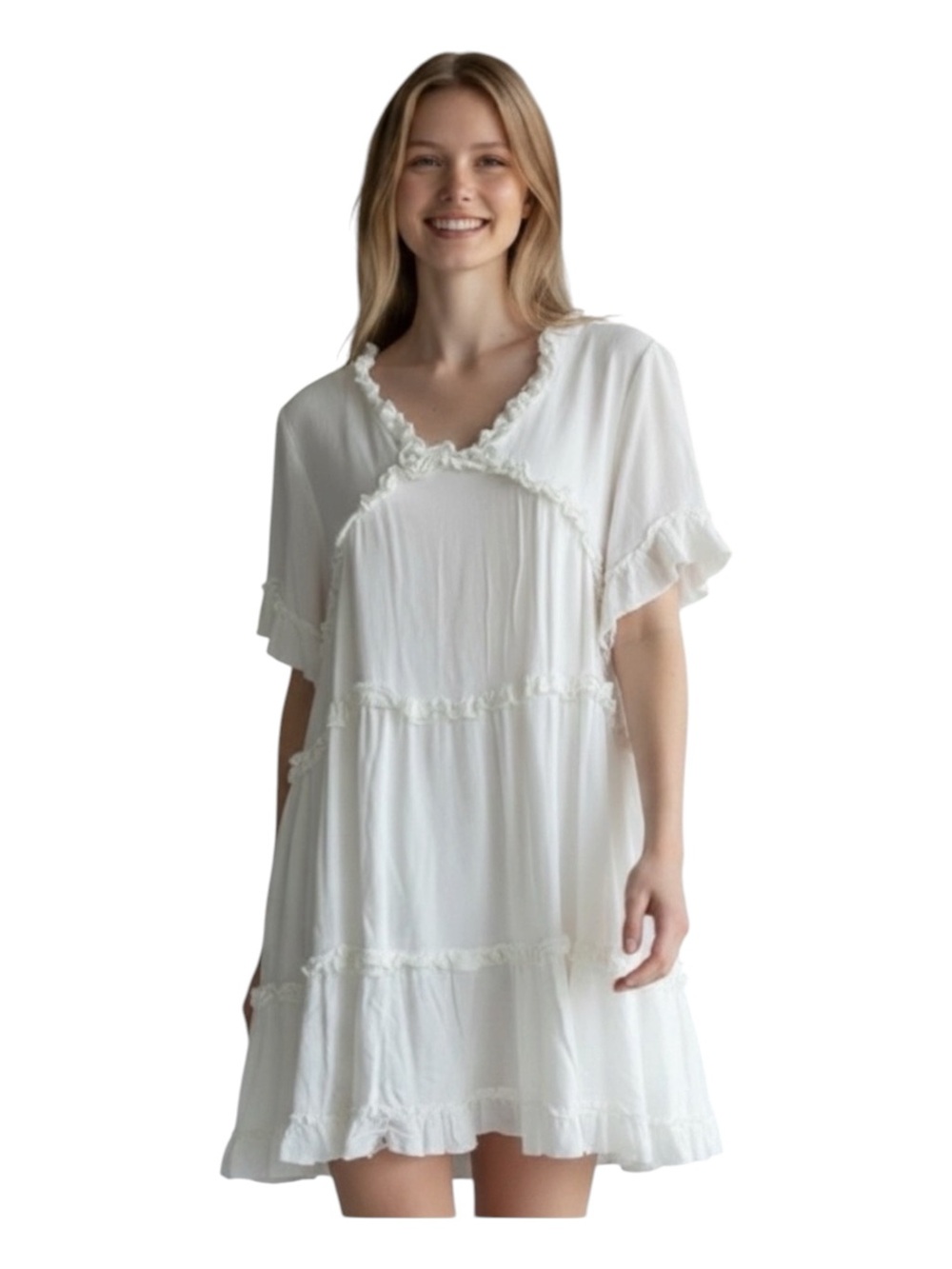 ODDY Ivory Babydoll Boho V-Neck Breezy Tiered Short Sleeve Ruffle Mini Dress S